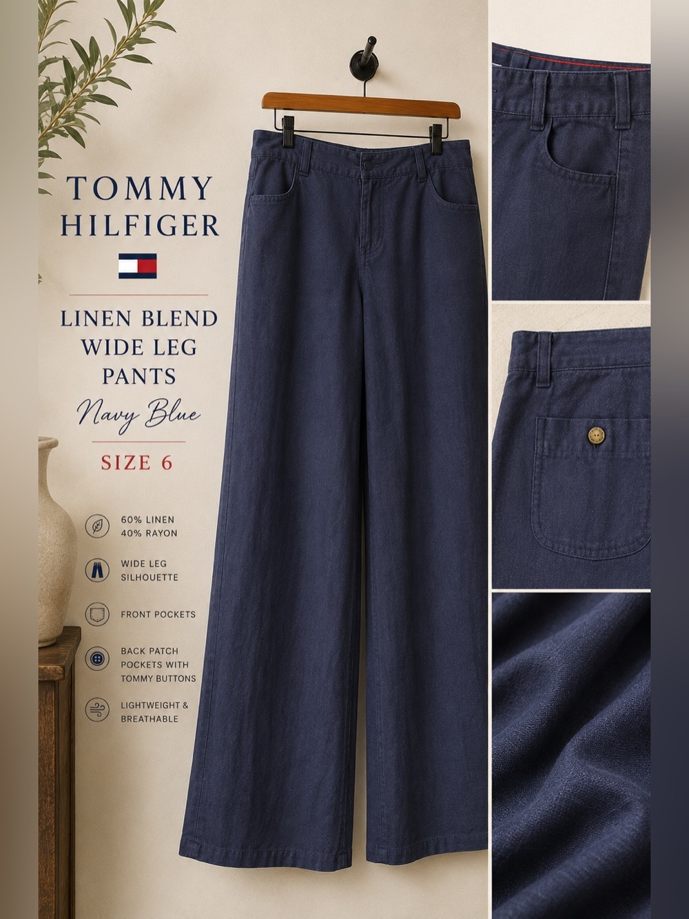 Tommy Hilfiger Linen Blend Wide Leg Pants Navy Blue Sz 6 Preppy Coastal Casual